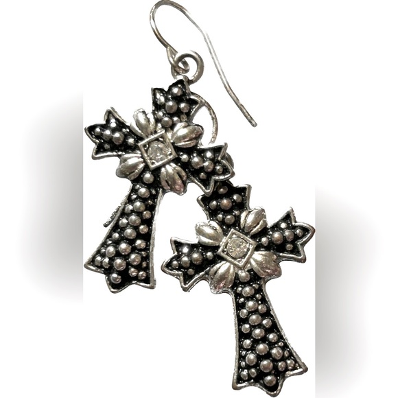 Source Unknown Jewelry - Silver Tone Cross and Rhinestone Earrings